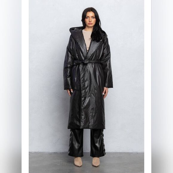 NWT LONGLINE BELTED PUFFER 🥰 large long puffer trench coat jacket with belt - Picture 1 of 6